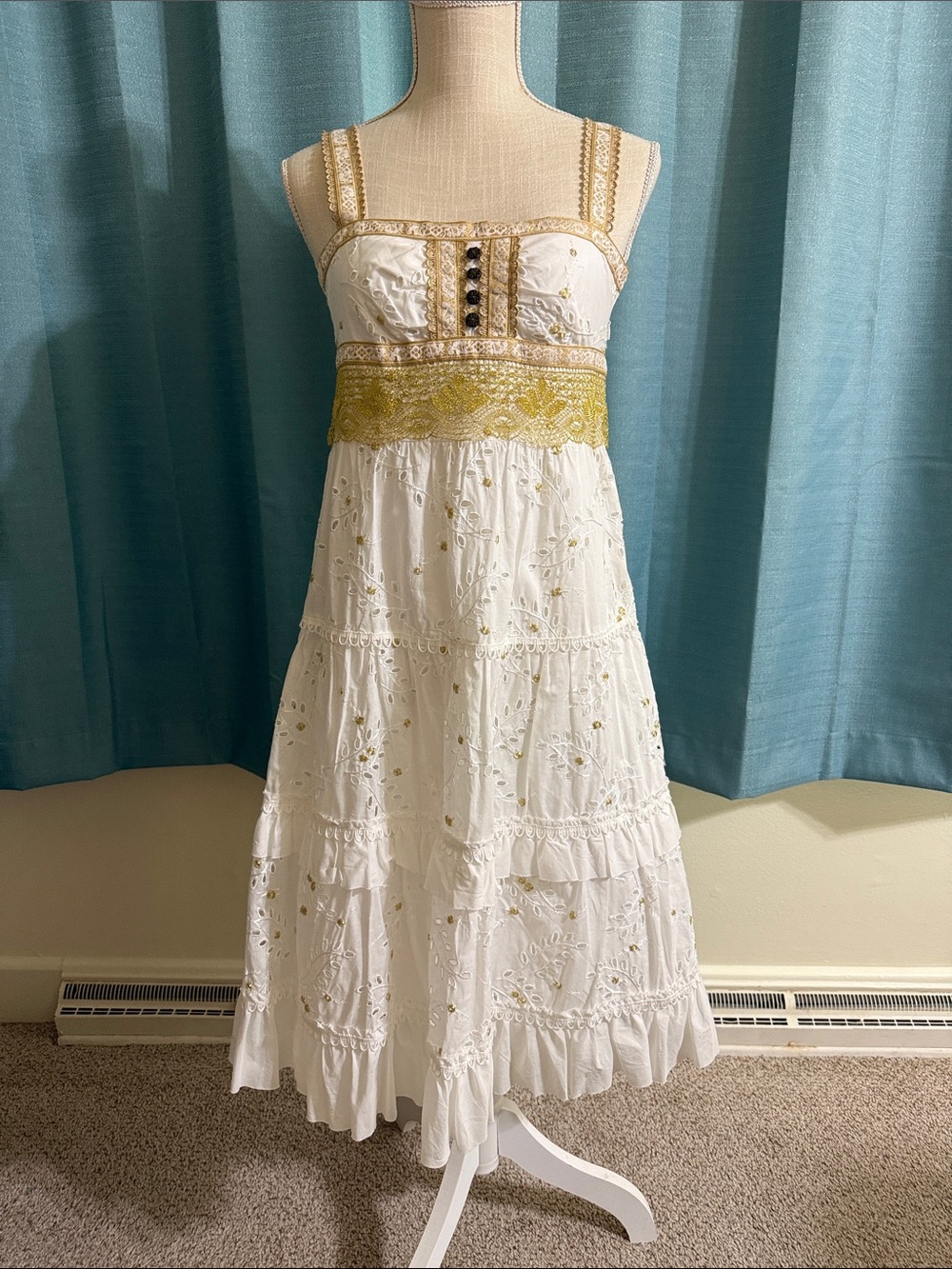 Cynthia Steffe White Eyelet Midi Dress with gold Lace Waist